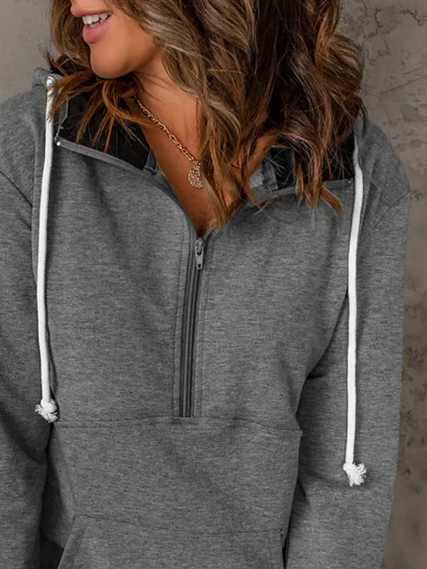 Casual solid color drawstring zipper sweatshirt